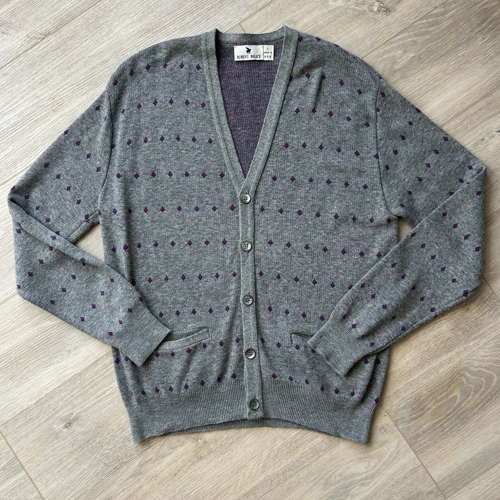 Vintage Robert‎ Bruce Diamond Cardigan USA Made Men's Sz. L Fishermancore